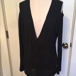 EILEEN FISHER SWEATER BLACK COLD-SHOULDER CARDIGAN SIZE M MEDIUM